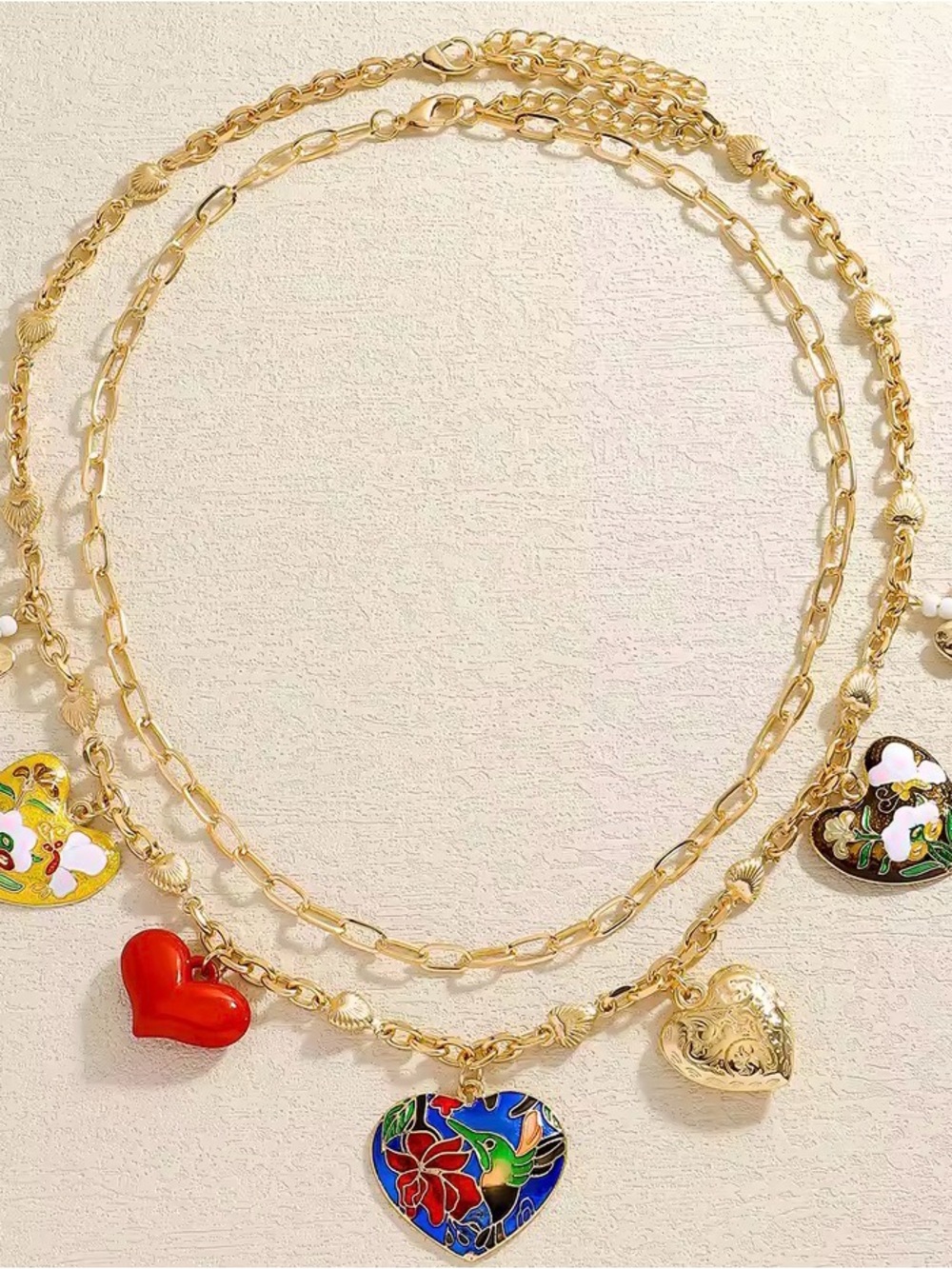 Boho Gold-Tone Red and Multicolor Heart Charm Double Necklace with Red